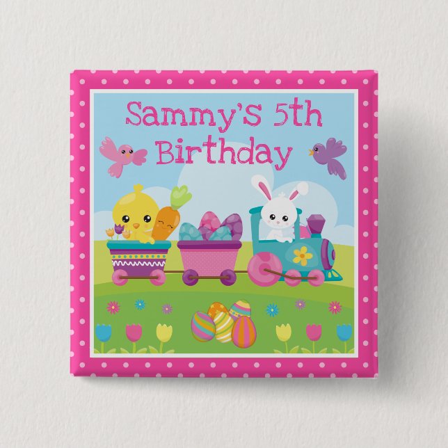 Cute Rabbit, Chick & Chocolate Eggs Train Birthday Button (Front)