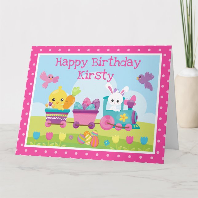 Cute Rabbit, Chick & Chocolate Eggs Train Birthday Card (Front)