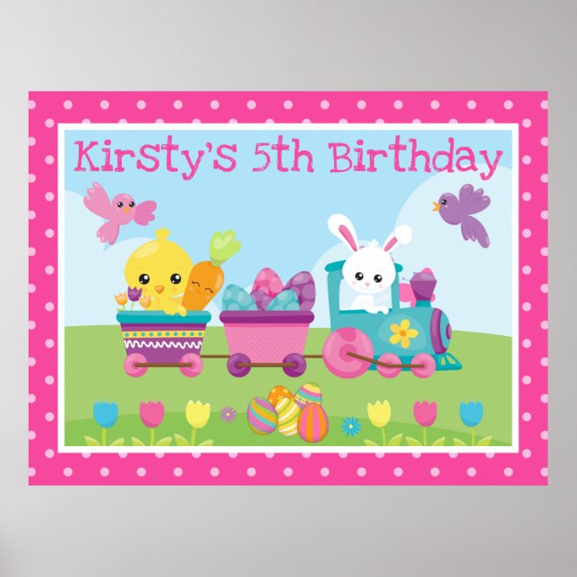 Cute Rabbit, Chick & Chocolate Eggs Train Birthday Poster (Front)