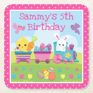 Cute Rabbit, Chick & Chocolate Eggs Train Birthday Square Paper Coaster