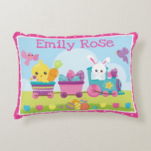 Cute Rabbit, Chick & Chocolate Eggs Train Easter Accent Pillow