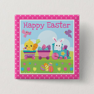 Cute Rabbit, Chick & Chocolate Eggs Train Easter Button