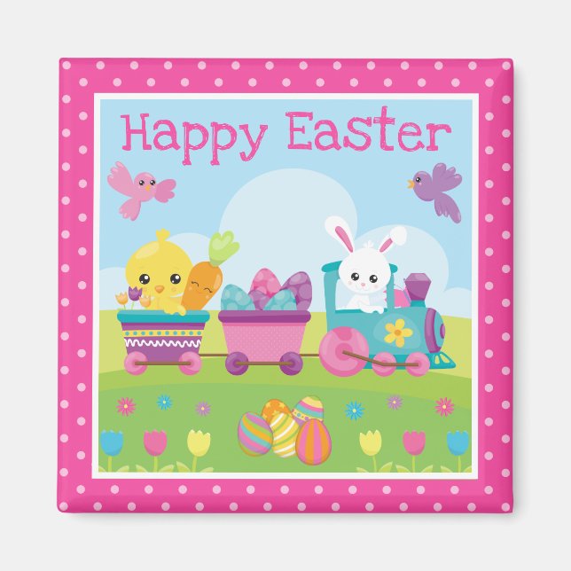 Cute Rabbit, Chick & Chocolate Eggs Train Easter Magnet (Front)