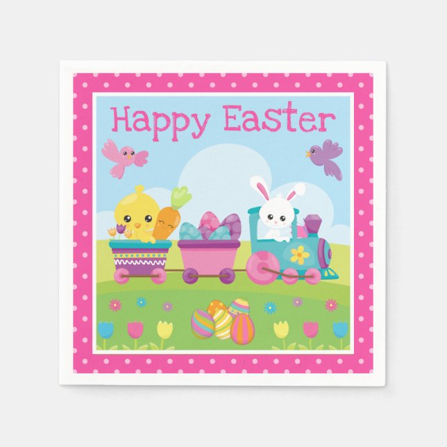 Cute Rabbit, Chick & Chocolate Eggs Train Easter Napkins (Front)
