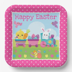 Cute Rabbit, Chick & Chocolate Eggs Train Easter Paper Plates