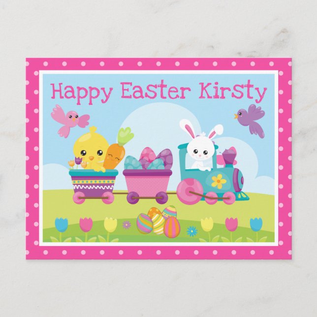 Cute Rabbit, Chick & Chocolate Eggs Train Easter Postcard (Front)