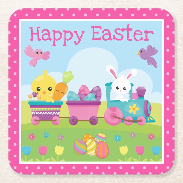 Cute Rabbit, Chick & Chocolate Eggs Train Easter Square Paper Coaster (Front)