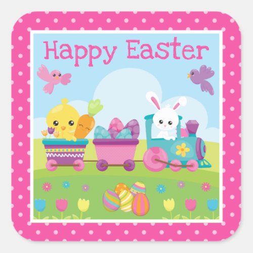 Cute Rabbit Chick  Chocolate Eggs Train Easter Square Sticker