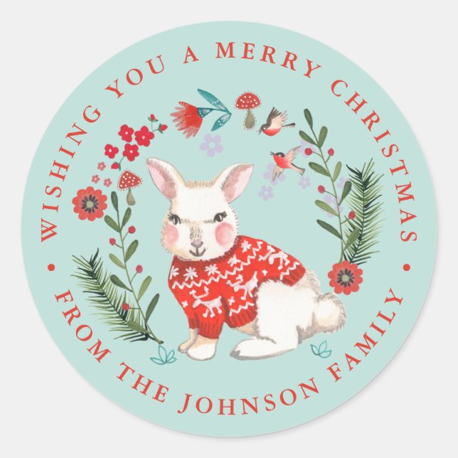 Cute Rabbit Christmas Holiday Name blue Classic Round Sticker (Front)