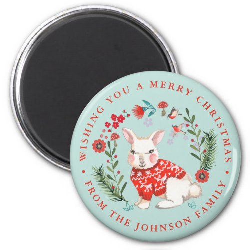 Cute Rabbit Christmas Holiday Name blue Magnet