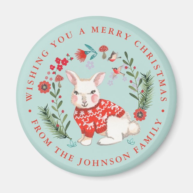 Cute Rabbit Christmas Holiday Name blue Magnet (Front)