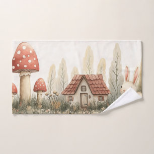 Cute Rabbit, Cottage, Mushrooms Fairy Tale Art Hand Towel