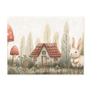 Cute Rabbit, Cottage, Mushrooms Fairy Tale Art Postcard