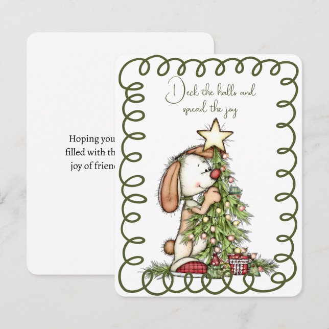 Cute Rabbit Decorating the Christmas Tree Holiday Card (Front/Back)