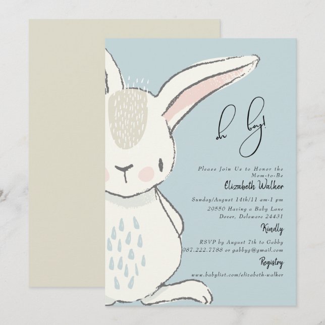 Cute Rabbit Dusty Blue Baby Shower Invitation (Front/Back)