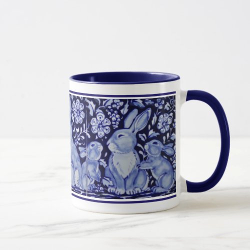 Cute Rabbit Family Blue White Delft Dedham Mug
