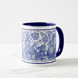 Cute Rabbit Family Blue White Delft Dedham Mug