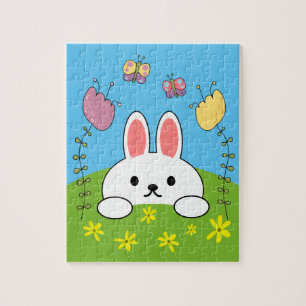 Cute Rabbit Flowers And Butterflies Jigsaw Puzzle