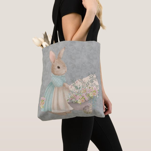 cute rabbit gardener with flowers tote bag (Close Up)