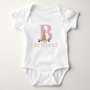 Cute Rabbit   Girl First Birthday with Name Baby B Baby Bodysuit
