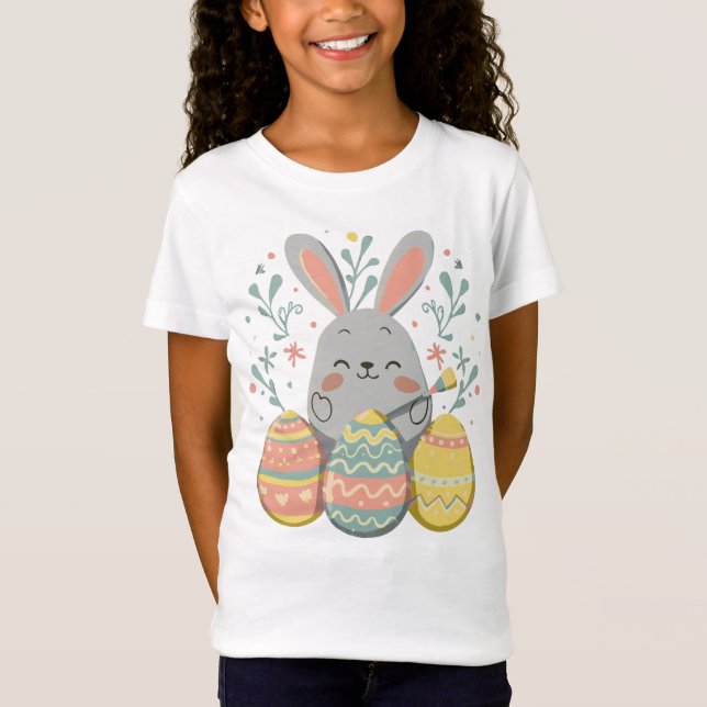 Cute Rabbit Happy Easter Bunny Girls Kids Easter T-Shirt (Front)