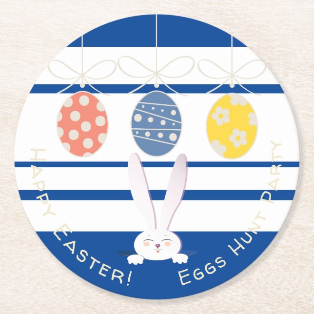 Cute Rabbit Happy Easter Eggs Hunt Party Modern Round Paper Coaster (Front)