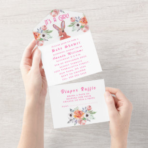 Cute Rabbit Hare Flowers It's a Girl Baby Shower A All In One Invitation