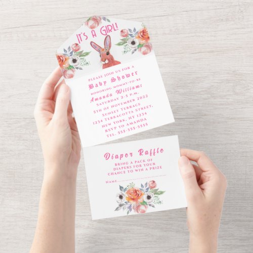 Cute Rabbit Hare Flowers Its a Girl Baby Shower A All In One Invitation