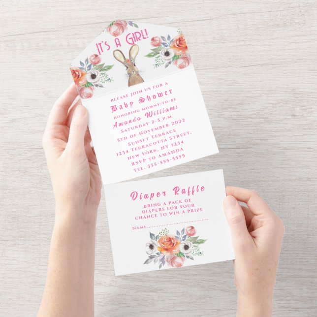 Cute Rabbit Hare Flowers It's a Girl Baby Shower All In One Invitation (Tearaway)
