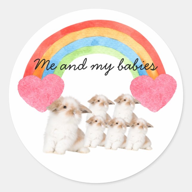 Cute Rabbit Hearts and Rainbow Lover  Classic Round Sticker (Front)