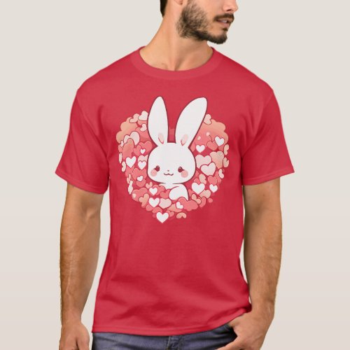 Cute rabbit hiding in a pile of hearts T_Shirt