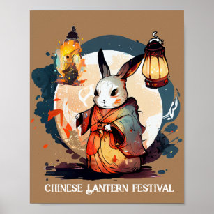 Cute Rabbit Hold Lantern With Splash Color Poster