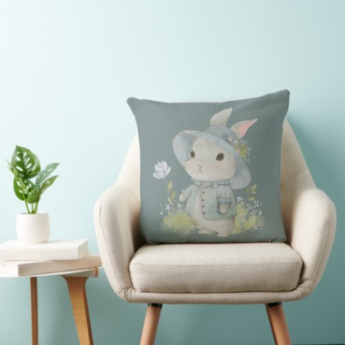 cute rabbit in a dress with flowers throw pillow