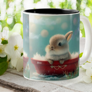 Cute Rabbit in a Red Boat Personalized Two-Tone Coffee Mug