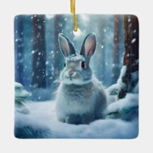 Cute Rabbit In Snow Covered Forest Ceramic Ornam Ceramic Ornament