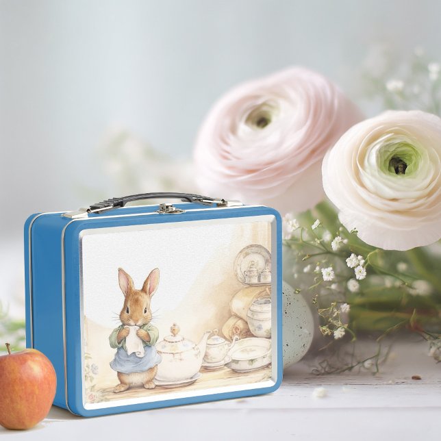 Cute Rabbit in the kitchen with dishes Metal Lunch Box (Creator Uploaded)