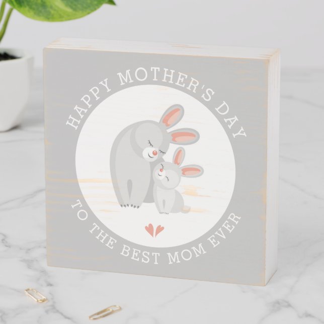 Cute rabbit mother and bunny baby gray Mothers Day Wooden Box Sign (In Situ Horizontal)