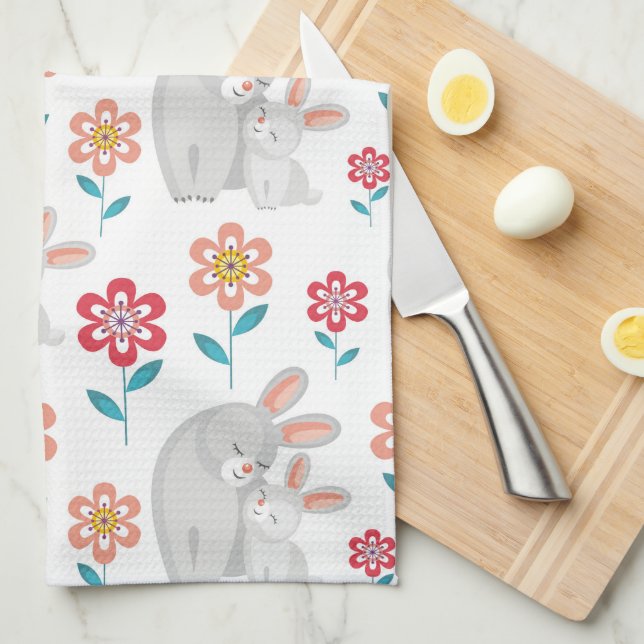 Cute rabbit mother and bunny, flowers pattern kitchen towel (Quarter Fold)