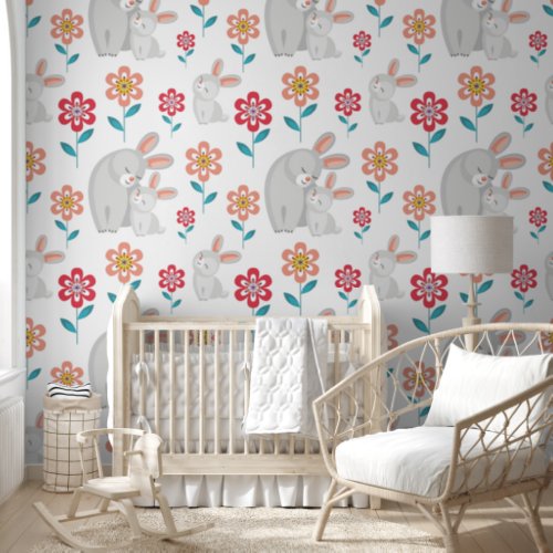 Cute rabbit mother and bunny flowers pattern wallpaper 