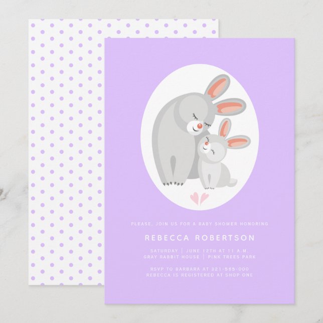 Cute rabbit mother and bunny lavender baby shower invitation (Front/Back)
