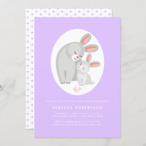 Cute rabbit mother and bunny lavender baby shower invitation