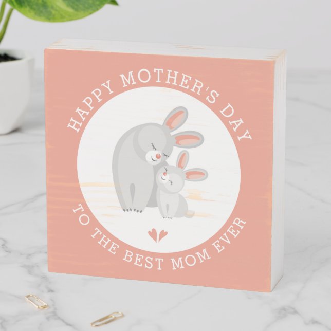 Cute rabbit mother, bunny baby coral Mothers Day Wooden Box Sign (In Situ Horizontal)