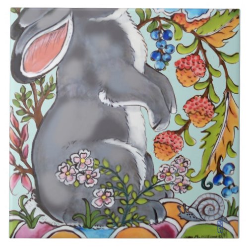 Cute Rabbit Mural Floral Aqua Bkgrd Bottom Half  Ceramic Tile