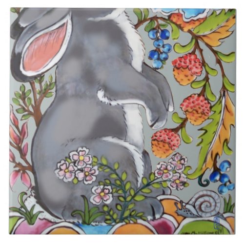 Cute Rabbit Mural Floral Blue Bkgrd Bottom Half Ceramic Tile
