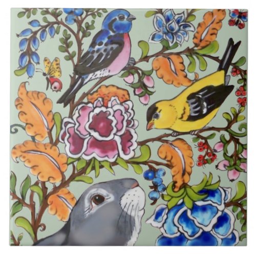 Cute Rabbit Mural Floral Mint Bkgrd Top Half   Cer Ceramic Tile