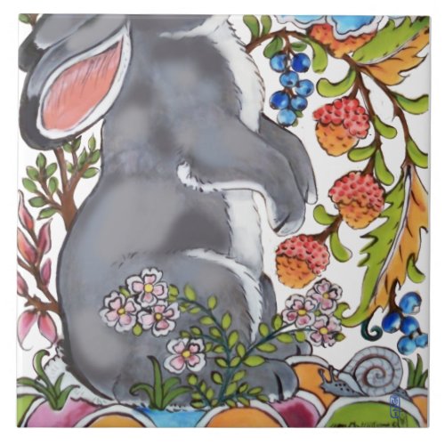 Cute Rabbit Mural Floral White Bkgrd Bottom Half Ceramic Tile
