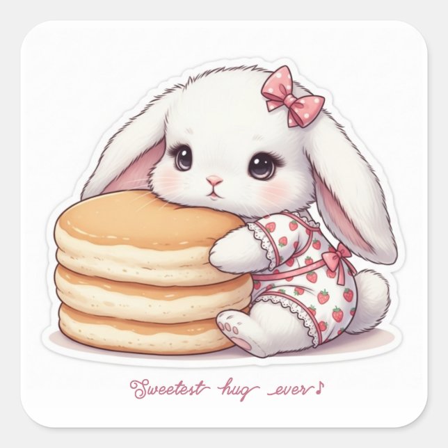 Cute Rabbit & Pancake - Adorable Breakfast Sweet Square Sticker (Front)