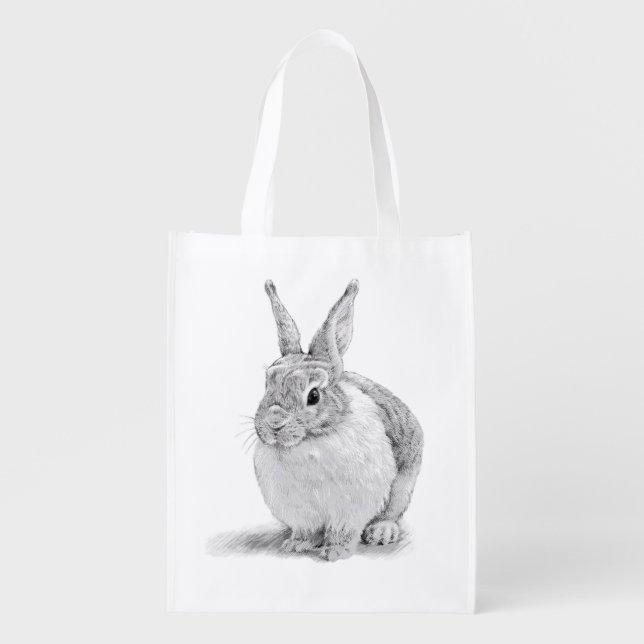 Cute Rabbit Pencil Drawing Grocery Bag (Front)