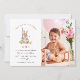 Cute Rabbit Pink Baby Girl 1st birthday Photo Invitation