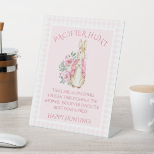 Cute Rabbit Pink Floral Baby Shower Pedestal Sign